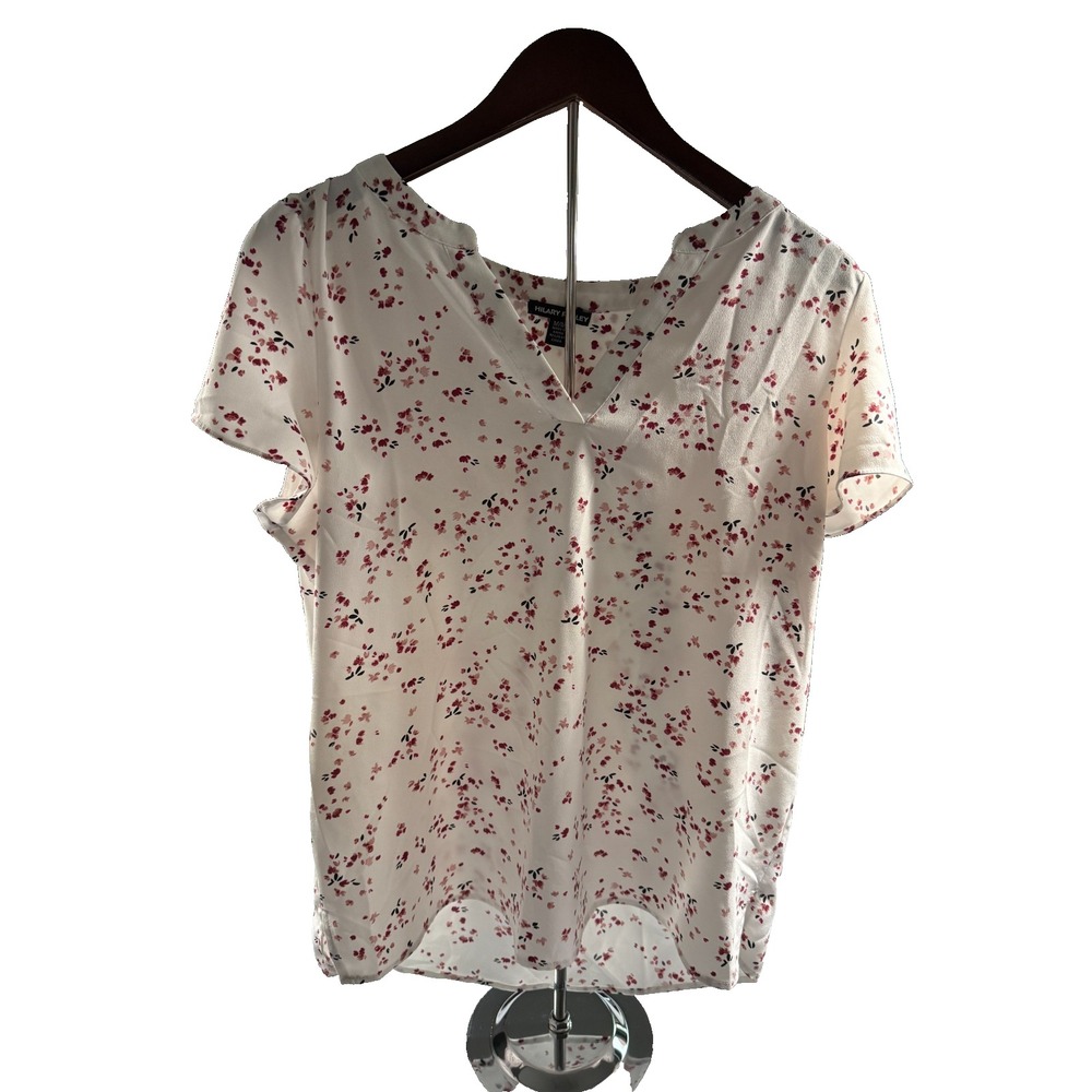 Hilary Radley Blouse Top Womens Medium White Floral Side Slit Cap Sleeve V Neck